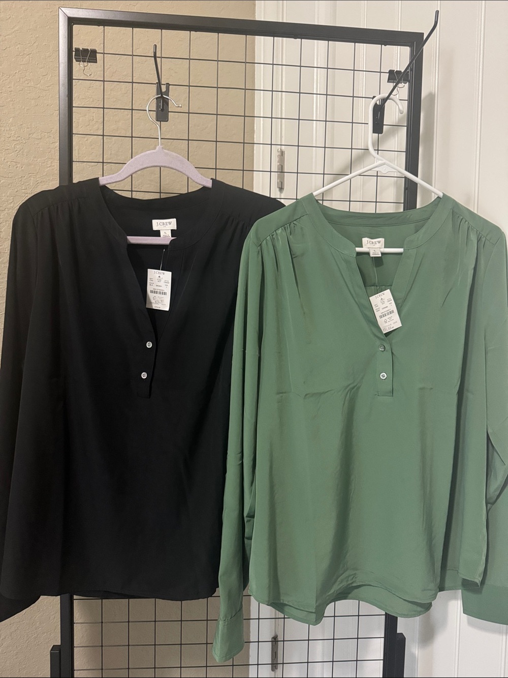 2 NWT J. Crew Women's Split-Neck Blouse — Green and Black SZ L